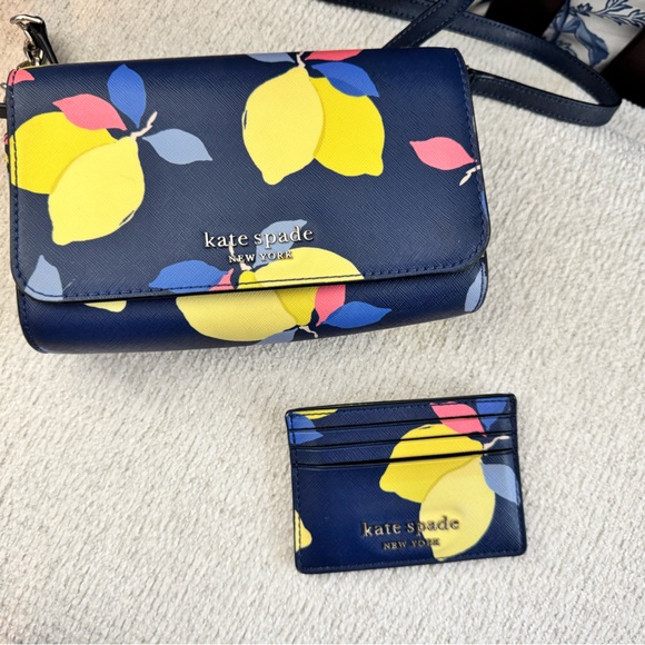 kate spade Handbags - Kate Spade Blue Lemon Print Crossbody Bag & Cardholder